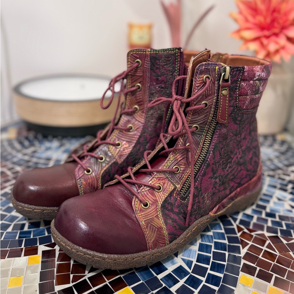 L’Artiste by Spring Step Red and Pink Ankle Boots with Brocade Elegance